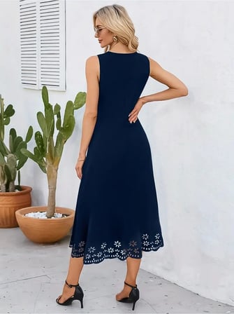 Kadın Kolsuz Etek Ucu Lazer Kesim çiçek Desenli Midi Boy Ithal Krep Elbise Lacivert L/XL