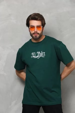 Unisex Bisiklet Yaka Baskılı Oversize T-Shirt - Yeşil