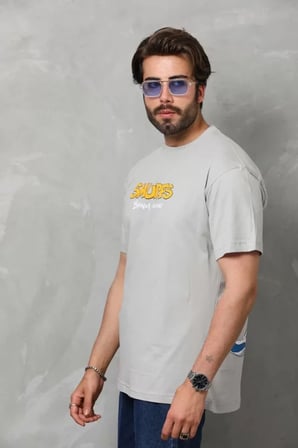 Unisex Basic Bisiklet Yaka Oversize T-Shirt - Gri