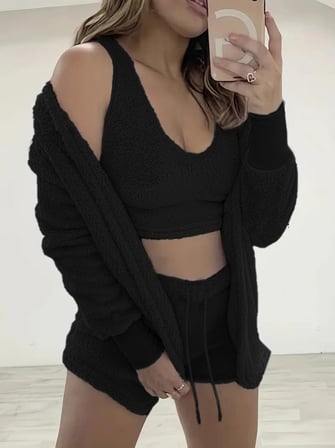 Kadın Uzun Kollu Ceket, Askılı Peluş Bluz Ve şort üçlü Takım Siyah 2XL/3XL