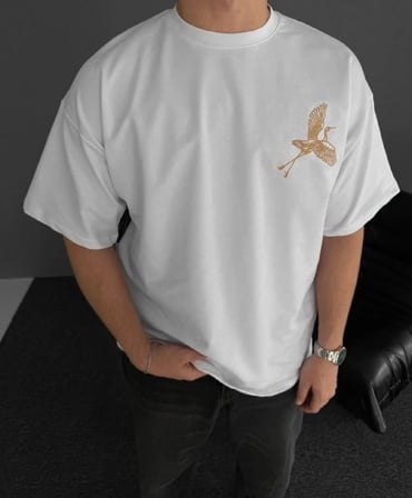 Ön Ve Arka Baskılı Oversize Bisiklet Yaka T-shirt - Beyaz