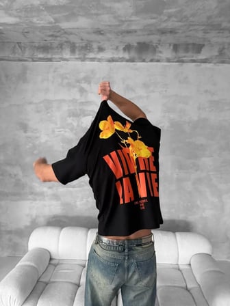 Ön Ve Arka Baskılı Oversize Bisiklet Yaka T-shirt- Siyah