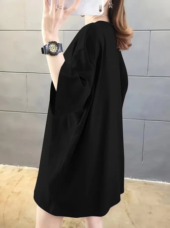 Baskılı Oversize Bisiklet Yaka T-shirt - Siyah