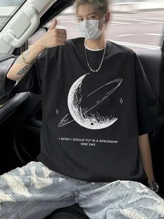 Baskılı Oversize Bisiklet Yaka T-shirt - Siyah