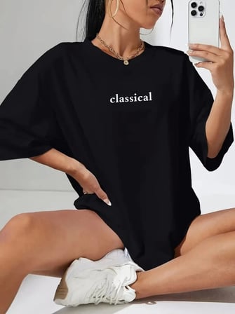 Baskılı Oversize Bisiklet Yaka T-shirt - Siyah Siyah L