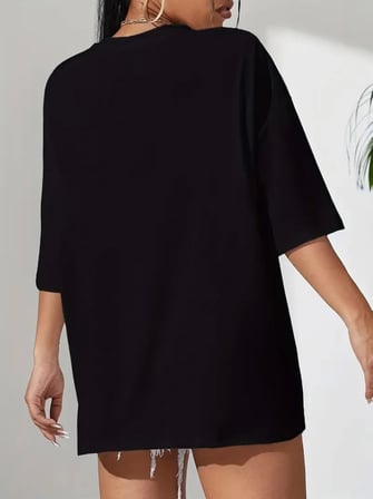 Baskılı Oversize Bisiklet Yaka T-shirt - Siyah Siyah L