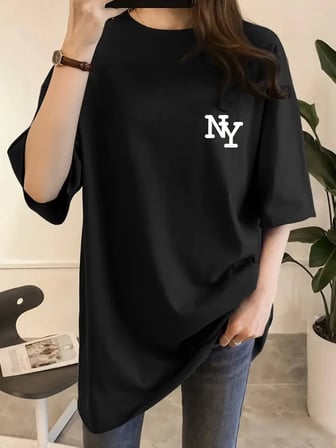Baskılı Oversize Bisiklet Yaka T-shirt - Siyah Siyah L