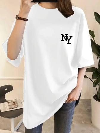 Baskılı Oversize Bisiklet Yaka T-shirt - Beyaz Beyaz S