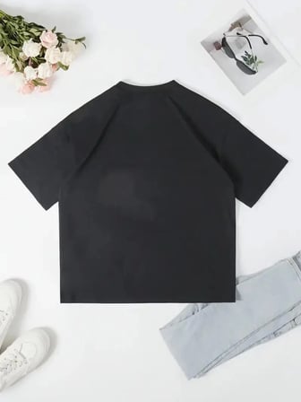 Baskılı Oversize Bisiklet Yaka T-shirt - Siyah Siyah S