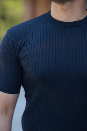 Erkek Bisiklet Yaka Örgü Desenli Kısa Örme Triko Kollu T-shirt