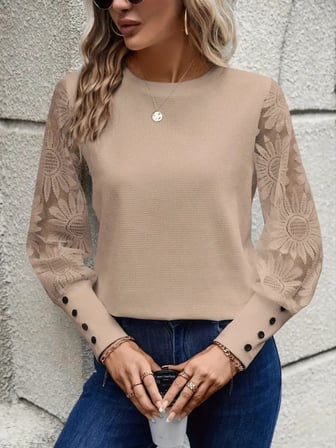 Kadın Uzun Kollu Bisiklet Yaka Kolları çiçekli Waffle Bluz Bej 2XL/3XL