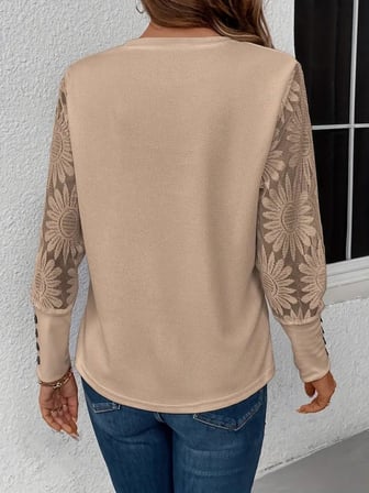 Kadın Uzun Kollu Bisiklet Yaka Kolları çiçekli Waffle Bluz Bej 2XL/3XL