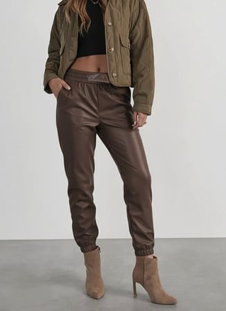 Kadın Yüksek Bel Lastikli önü Düğmeli Deri Pantolon Kahve 2XL/3XL