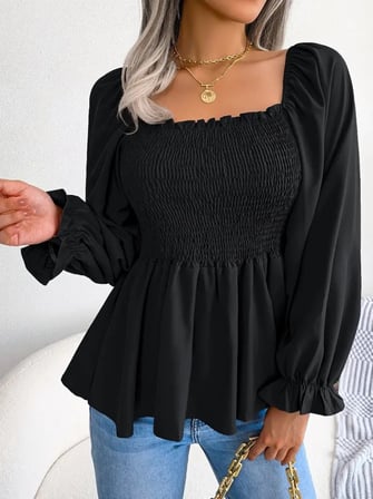 Kadın Uzun Kollu Geometrik Yakalı Gipe Detaylı Krep Bluz Siyah L/XL