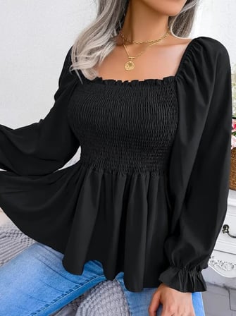 Kadın Uzun Kollu Geometrik Yakalı Gipe Detaylı Krep Bluz Siyah L/XL