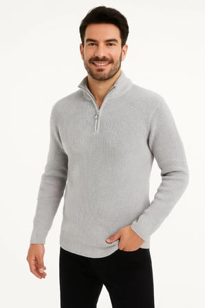 Erkek Yarım Fermuarlı Triko Kazak – Selanik Örgü, Dik Yaka, Pamuklu Dokuma, Regular Fit Uzun Kollu Kışlık Model - Gri
