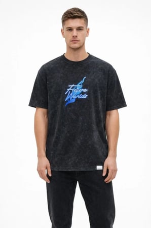 Erkek Asit Yıkamalı Oversize Tişört Future Worlds Baskılı Bisiklet Yaka Kısa Kollu Streetwear 0 Pamuk Street Style T-Shirt - Siyah
