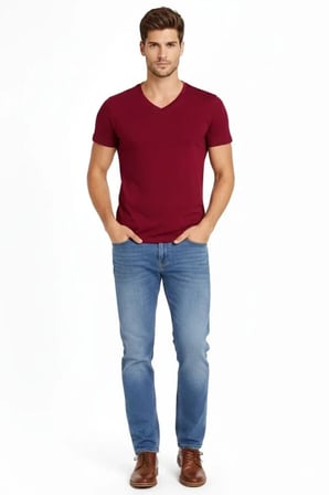 Erkek T-Shirt V Yaka Slim Fit Dar Kesim Likralı Tişört Günlük Basic Body - Bordo