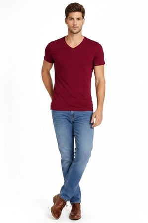 Erkek T-Shirt V Yaka Slim Fit Dar Kesim Likralı Tişört Günlük Basic Body - Bordo