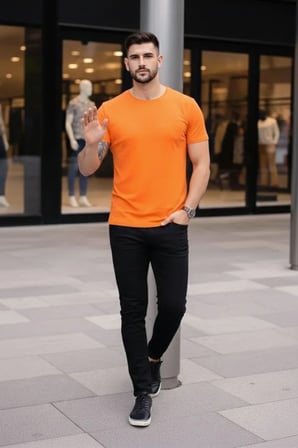Erkek T-Shirt Bisiklet Yaka Slim Fit Dar Kesim Likralı Tişört Günlük Basic Body - Turuncu