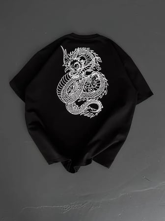 Baskılı Oversize Bisiklet Yaka T-shirt - Siyah
