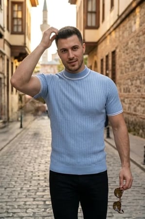 Erkek Fitilli Triko Dokuma Kısa Kol Tişört Yarım Boğaz Modern Yazlık T-Shirt - Bebe Mavisi Bebe Mavisi S