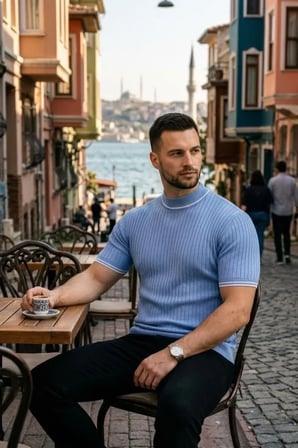 Erkek Fitilli Triko Dokuma Kısa Kol Tişört Yarım Boğaz Modern Yazlık T-Shirt - Bebe Mavisi Bebe Mavisi S