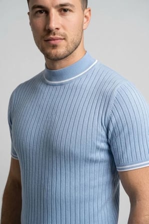 Erkek Fitilli Triko Dokuma Kısa Kol Tişört Yarım Boğaz Modern Yazlık T-Shirt - Bebe Mavisi Bebe Mavisi S