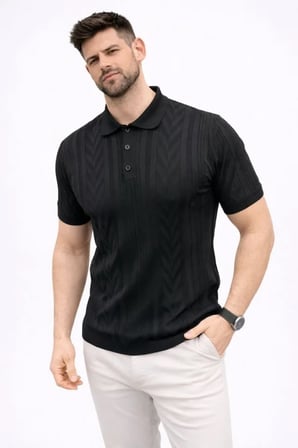 Erkek Yazlık Triko Tişört Kısa Kol Polo Yaka Düğmeli T-Shirt - Siyah