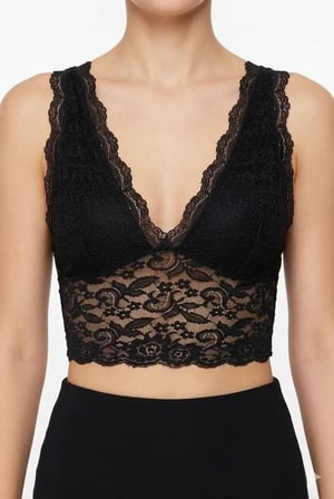 Dantel Bralet Crop Sütyen V Yaka Askılı Şık Esnek Rahat - Siyah Siyah XS