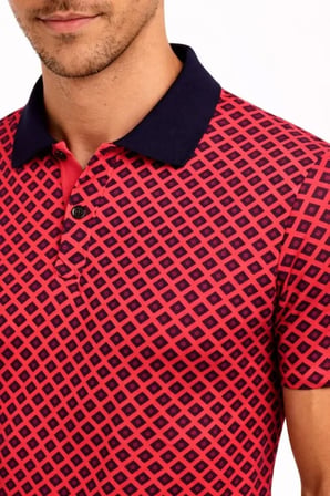Erkek Pike Kumaş Polo Yaka Desenli Tişört Kısa Kol Yazlık T-shirt Kırmızı