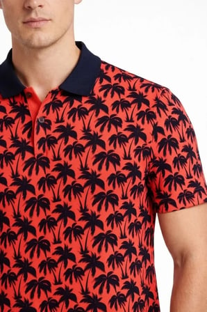 Erkek Pike Kumaş Polo Yaka Palmiye Desenli Tişört Kısa Kol Yazlık T-shirt Kırmızı