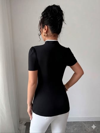 Kadın Beyaz Şerit Detaylı Dar Kesim Dik Yaka Bluz
