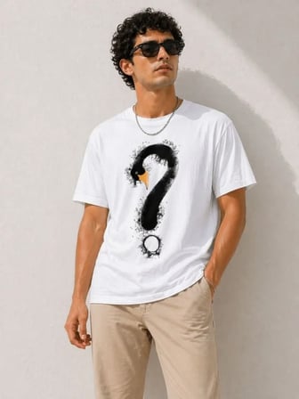 Erkek Kuğu Figürlü Soru İşareti Baskılı Tişört Kısa Kol T-shirt Beyaz