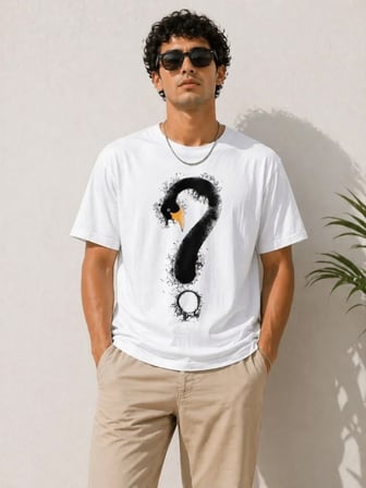 Erkek Kuğu Figürlü Soru İşareti Baskılı Tişört Kısa Kol T-shirt Beyaz