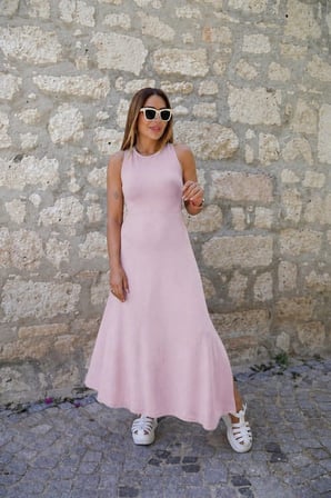 Kadın Arkadan çapraz Detay Yuvarlak Yaka Maksi Viskon Elbise Pembe S/M