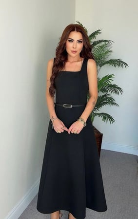 Kadın Askılı Kare Yakalı Kemersiz A Şeklinde Gelen Uzun Ithal Krep Elbise