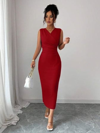 Kadın Kolsuz Kruvaze Yakalı Midi Janjan Krep Elbise