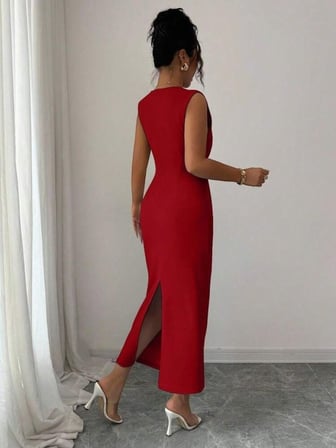 Kadın Kolsuz Kruvaze Yakalı Midi Janjan Krep Elbise