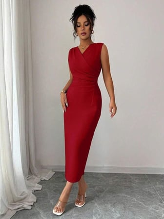 Kadın Kolsuz Kruvaze Yakalı Midi Janjan Krep Elbise