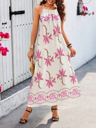 Kadın Askılı Düz Yakalı Ciçek Desenli Uzun Süprem Elbise Pembe L/XL