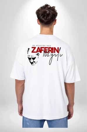 30 Ağustos Zafer Bayramı Ön Arka Baskılı Oversize Bisiklet Yaka T-shirt Beyaz
