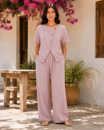 Kadın Kısa Kollu Asimetrik Kesim Detaylı Düğmeli Bürümcük Bluz Ve Pantolon Ikili Takım Pembe L/XL