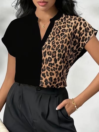 Kadın Kısa Kollu V Hakim Yakalı Leopar Desenli Sandy Bluza Siyah 2XL/3XL