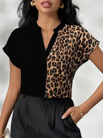 Kadın Kısa Kollu V Hakim Yakalı Leopar Desenli Sandy Bluza Siyah 2XL/3XL