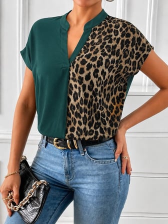 Kadın Kısa Kollu V Hakim Yakalı Leopar Desenli Sandy Bluza Yeşil L/XL