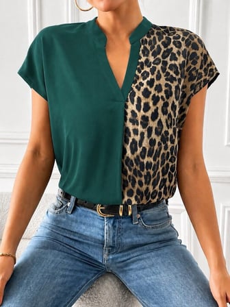 Kadın Kısa Kollu V Hakim Yakalı Leopar Desenli Sandy Bluza Yeşil L/XL