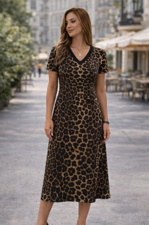 Kadın Kısa Kollu V Yakalı Leopar Desenli Süprem Elbise