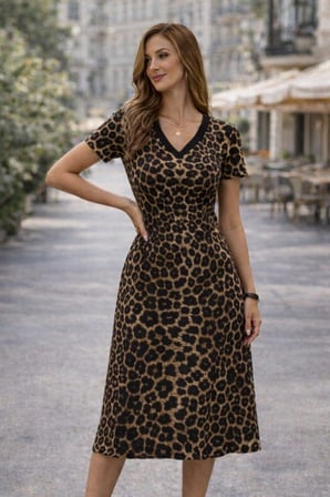 Kadın Kısa Kollu V Yakalı Leopar Desenli Süprem Elbise