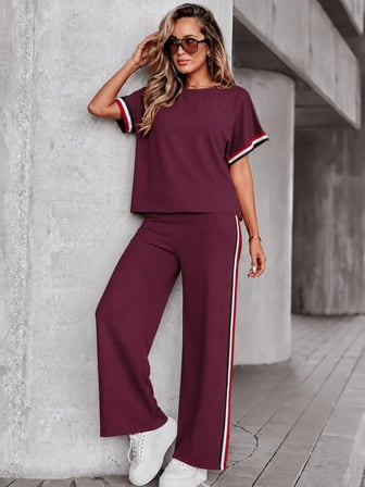 Kadın Kısa Kollu Bisiklet Yakalı Ribanalı Viskon Iki Iplik Bluz Ve Pantolon Ikili Takım Bordo 2XL/3XL